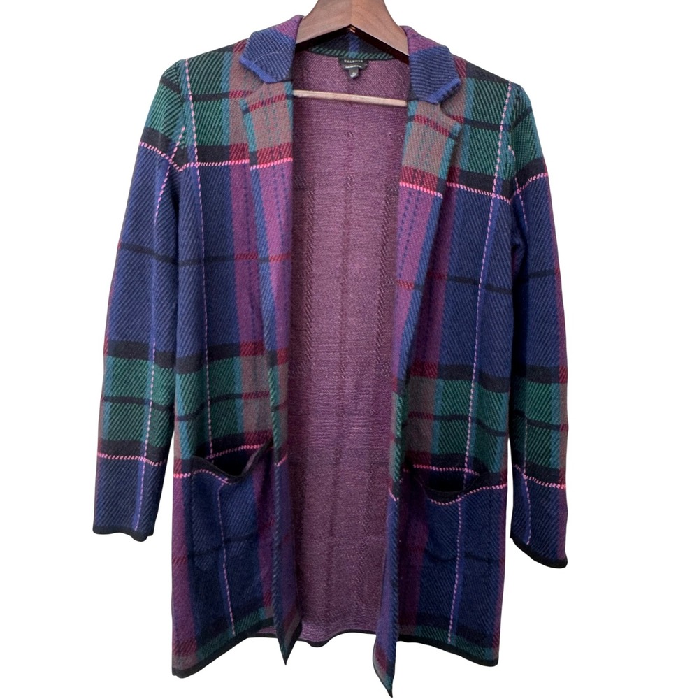 Talbots Womens Plaid Open Front Cardigan Sweater 100% Merino Wool Size Small